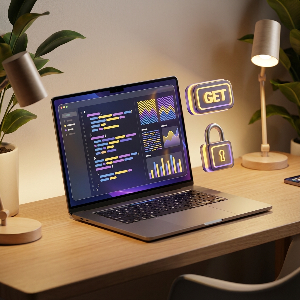 3D illustration of a developer workspace with API code and secure endpoints