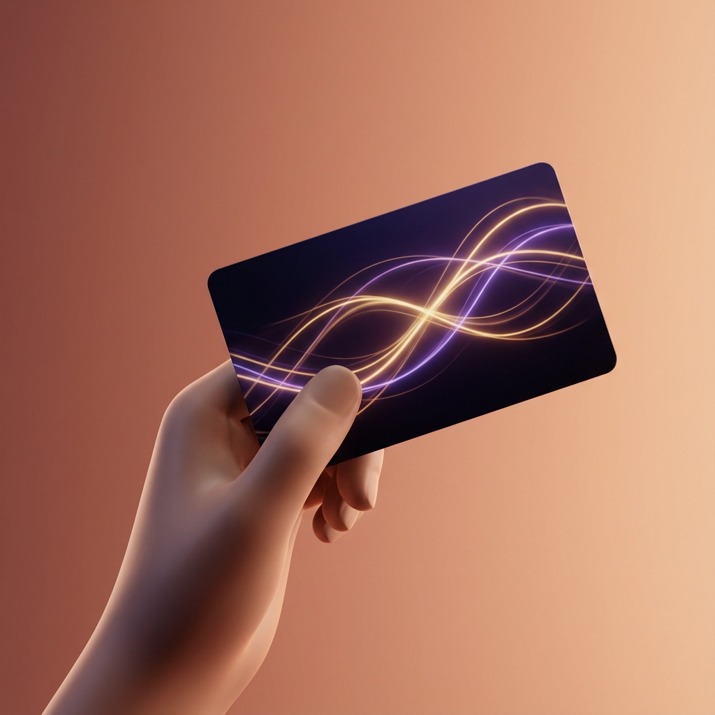 3D illustration of a hand holding a branded credit card